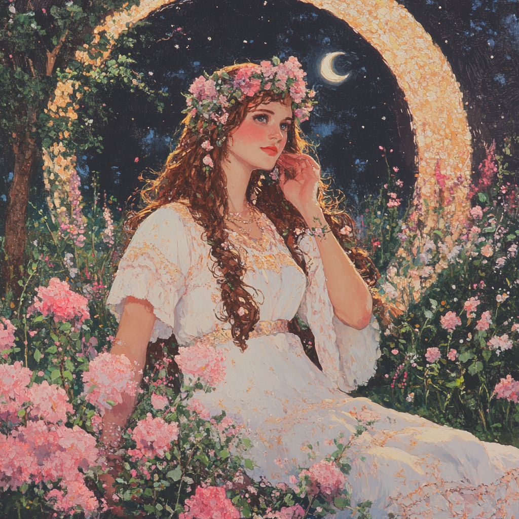 A young woman with cascading curls and a floral crown sits amidst a lush garden under a crescent moon. This evokes Artemis’s serene and introspective aspects, linked to reflection and spiritual connection.
