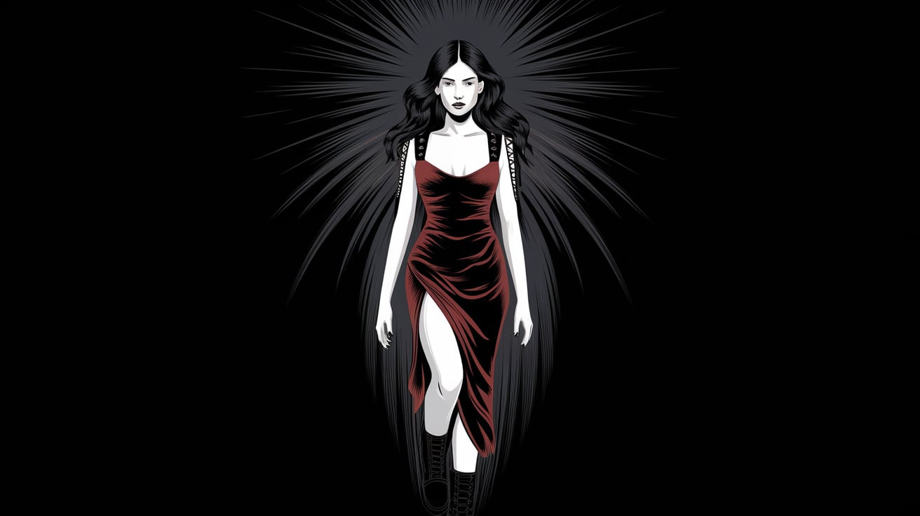 Illustration of a mysterious woman in a dark red dress walking confidently, exuding strength and gothic grace.
