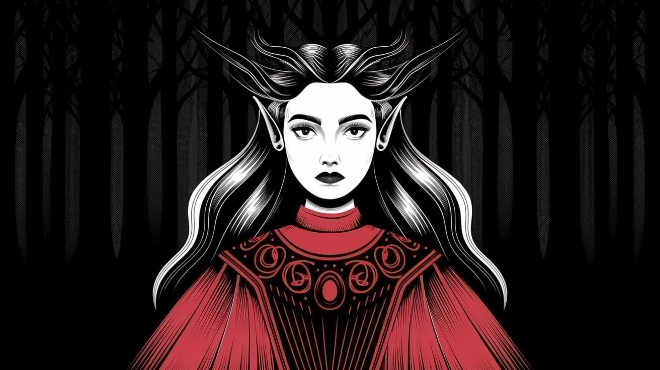 Stylized portrait of an enigmatic woman with antler-like hair in a dark forest, combining gothic elements with otherworldly mysticism.