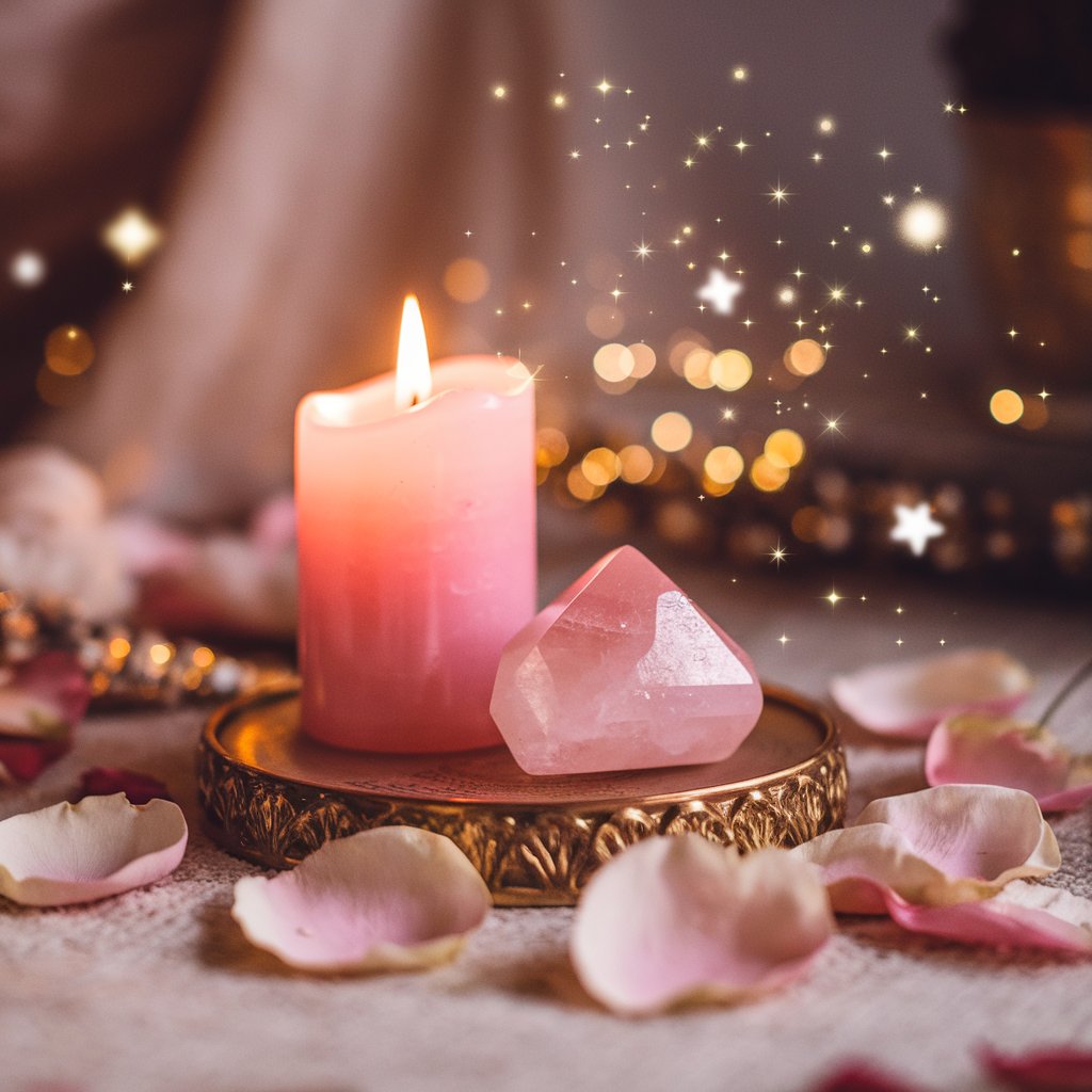 A tall pink candle flickers in a decorative golden dish next to a rose quartz crystal, surrounded by scattered pink rose petals. Soft golden lights shimmer in the background, creating a warm, ethereal glow.
