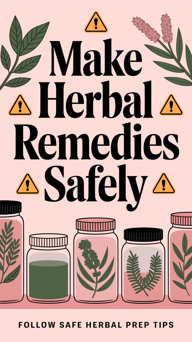 Follow safe herbal prep tips ‘Make Herbal Remedies Safely’ — bold serif font, down the middle, pale pink background, jars of herbs, safety icons; bottom caption: ‘Follow safe herbal prep tips’