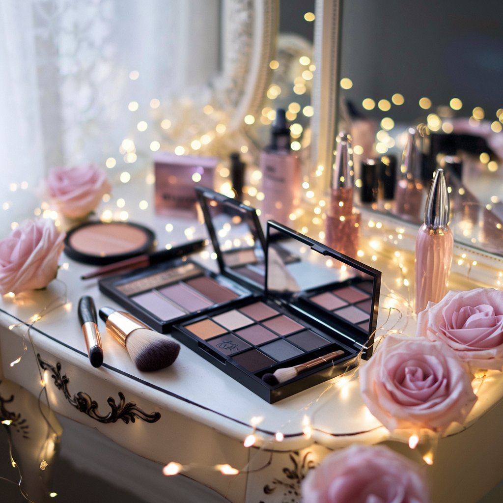 A close-up of makeup brushes, compacts, and shimmering eyeshadow palettes surrounded by pink roses and glowing fairy lights, suggesting a magical and enchanting beauty ritual.