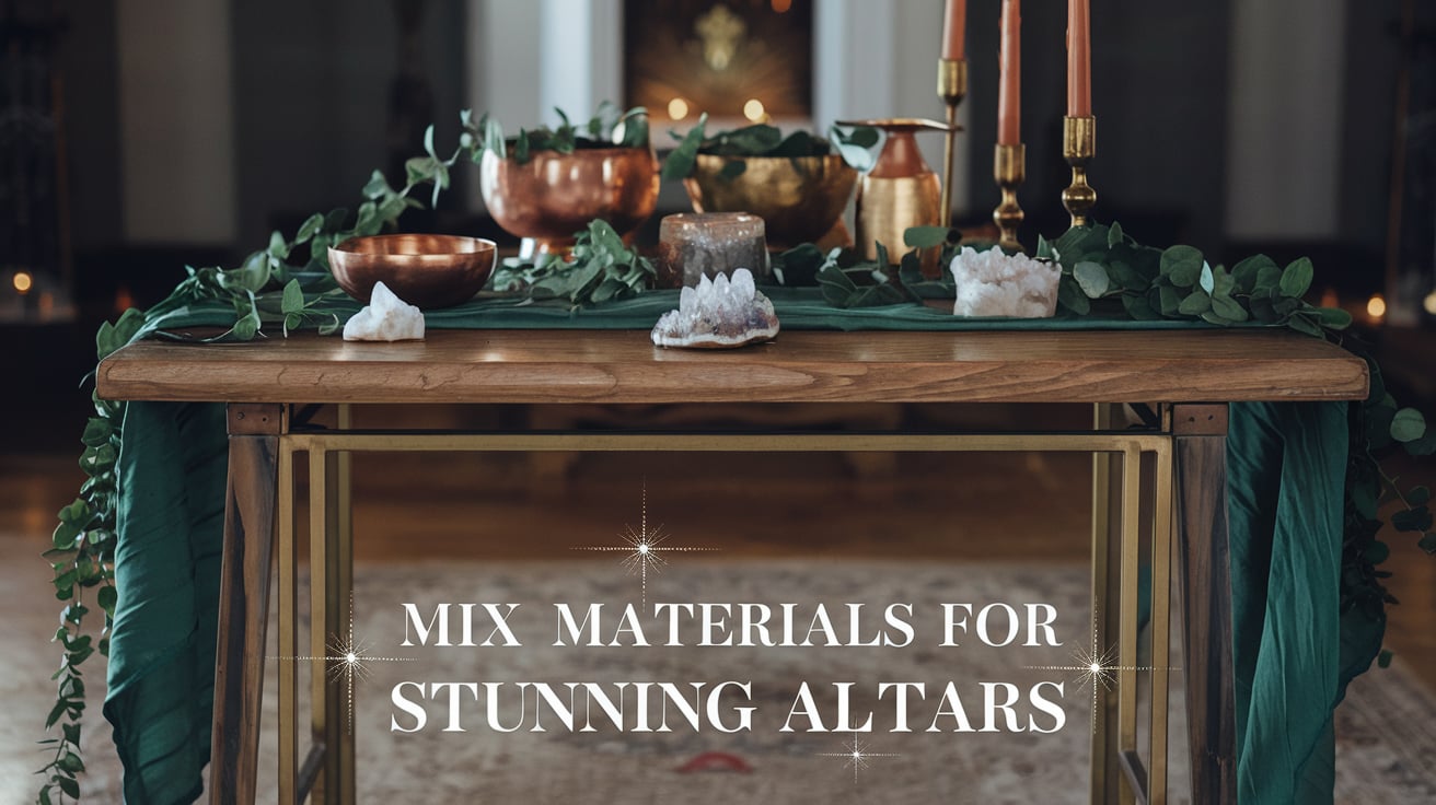 A refined altar setup on a sturdy wooden table with sleek metal legs. The altar is dressed with a rich emerald-green cloth and adorned with copper and brass bowls, white crystals, and leafy accents. Candles in warm tones create a cozy, radiant glow. The elegant text, “Mix Materials for Stunning Altars,” in classic serif font, rests at the bottom, accented by soft, glittering stars.