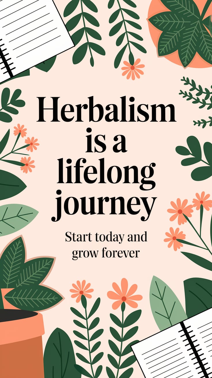Herbalism Is a Lifelong Journey ‘Herbalism Is a Lifelong Journey’ — clear, comforting font, middle placement, soft pastel scene, plants and notebooks; bottom caption: ‘Start today and grow forever’