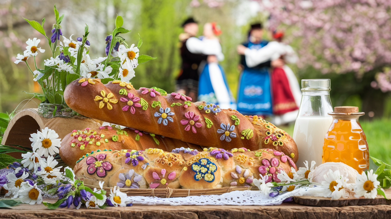 A collection of baked goods, including braided loaves and smaller buns, are beautifully adorned with colorful floral decorations. These sit on a rustic table covered with a lace cloth, surrounded by fresh wildflowers, a glass pitcher of milk, and a jar of golden honey. The background shows a pastoral spring setting with blooming trees and traditional Slavic dancers blurred in motion, evoking a festive and serene atmosphere.