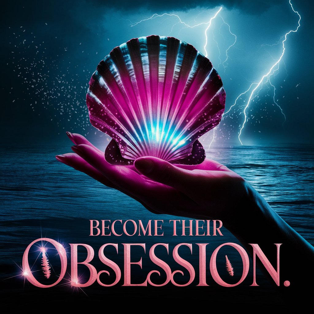 A hand presenting a radiant pink seashell, with lightning illuminating the night sky and turbulent ocean, reinforcing the magnetic pull of siren energy. The phrase "Become Their Obsession" is displayed in mesmerizing typography.