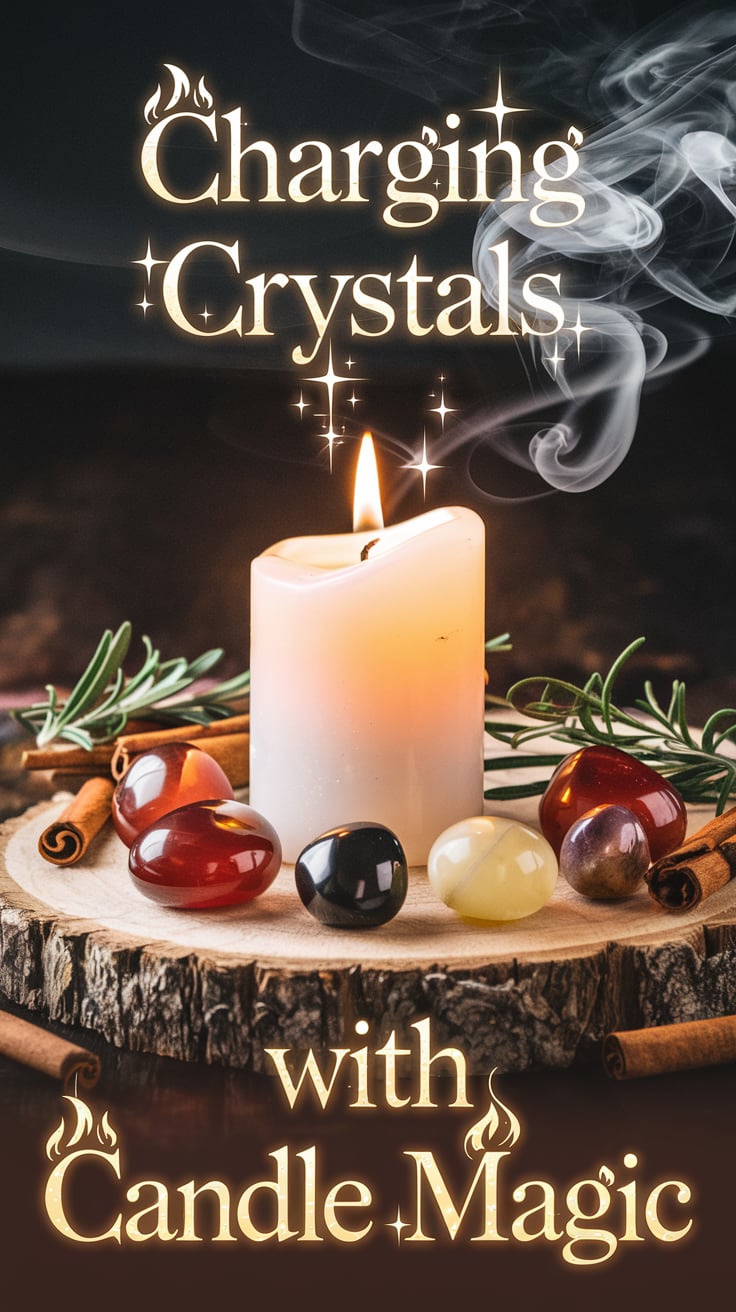 A glowing candle sits atop a rustic wooden base, encircled by polished crystals such as carnelian and onyx. The scene is enhanced with cinnamon sticks and soft lighting, while the text “Charging Crystals with Candle Magic” glows in an enchanting golden hue, complemented by subtle sparkles and flames.