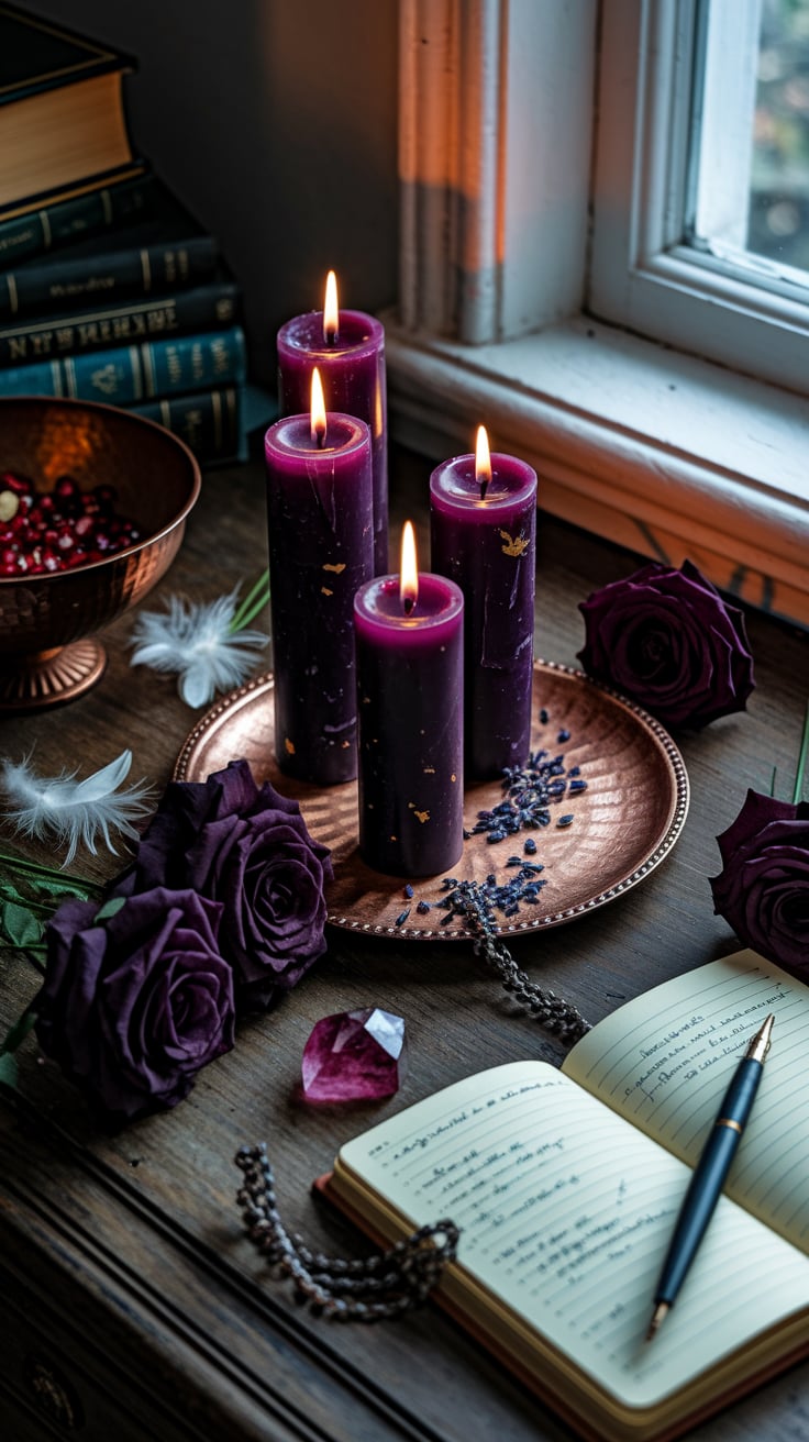 Lucifer Altar Ideas 11 A serene and mystical setting by a window. There are three tall purple candles with a soft glow, placed on a copper plate. Beside them are deep purple roses and a crystal. In the foreground, there's an open book with handwritten notes, a feather, and a chain with a pendant. The background features a stack of old books and a bowl filled with red berries. The ambiance is enhanced by the soft light filtering through the window.