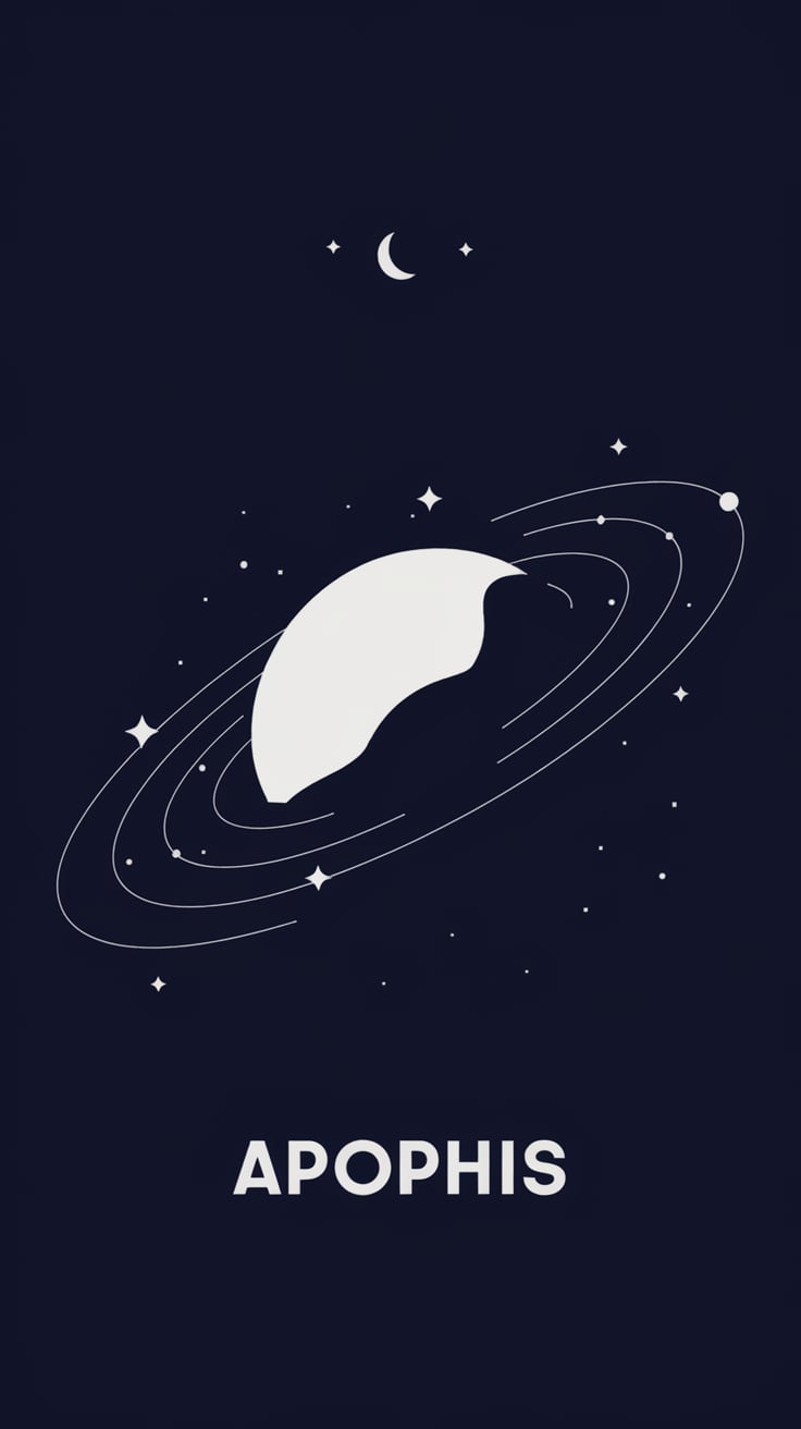 How to find asteroid Apophis in my natal chart Minimalistic design of the asteroid Apophis with a ringed orbit, surrounded by starry details and a crescent moon, suggesting astrological relevance.
