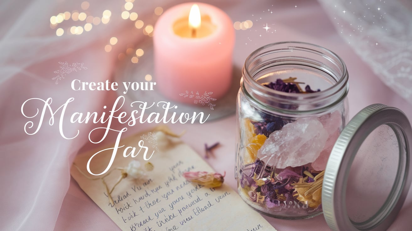 A soft pink-themed image of a manifestation jar filled with delicate dried flowers, a large rose quartz crystal, and golden herbs, sitting on a handwritten note. The background features a lit pink candle and twinkling fairy lights, creating a dreamy, ethereal ambiance. Text overlay in elegant script reads, "Create Your Manifestation Jar," with floral accents.