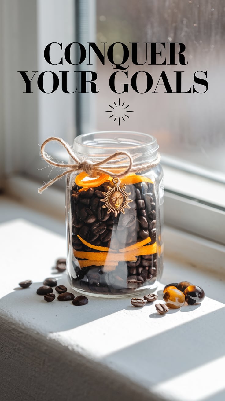 Decorative Image | Motivation Jar Spell: Ignite Your Energy and Achieve Your Goals | A motivation jar spell is a powerful, focused way to harness the energies of determination, action, and success. Using magical correspondences, this spell combines the vibrance of orange zest, the grounding strength of tiger’s eye, and the energizing properties of coffee beans. Whether you’re starting a new project, pushing through a slump, or manifesting your dreams, this jar is your energetic ally.