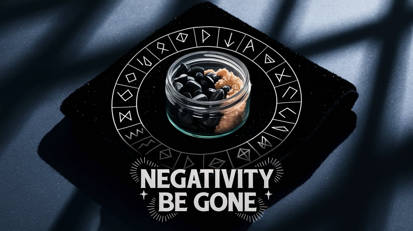 A small jar filled with black tourmaline and garlic powder sits on a rune-inscribed black velvet cloth. Illuminated by soft lighting, the jar radiates an air of protection. The text "Negativity Be Gone" at the bottom is highlighted with bold protective symbols, adding to the mystical theme.