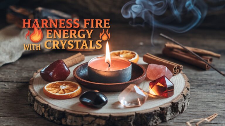 A warm and inviting arrangement featuring a glowing candle on a wooden slice, surrounded by fire-aligned crystals such as garnet and carnelian. Cinnamon sticks and dried orange slices frame the setup, with delicate wisps of smoke curling in the background. The text “Harness Fire Energy with Crystals” is prominently displayed in fiery red and orange tones, accompanied by flame icons for emphasis.