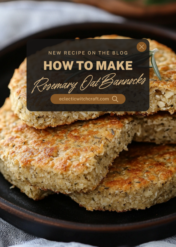 Imbolc yummy recipes A single stack of perfectly golden rosemary oat bannocks garnished with rosemary. Text overlay reads "How to Make Rosemary Oat Bannocks," inviting readers to explore the recipe for these traditional flatbreads.