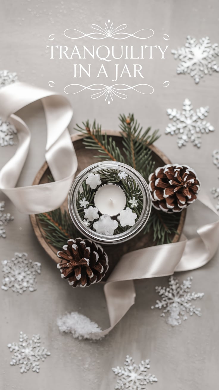 A delicate flat lay of a glass jar nestled among pinecones, snowflake-shaped ornaments, and silky white ribbon. Inside the jar, pine needles form a base for snowflake-shaped wax melts and a single white candle. The scene is frosty and serene, with soft lighting illuminating the elements. The text "Tranquility in a Jar" floats above the composition in refined, icy lettering.