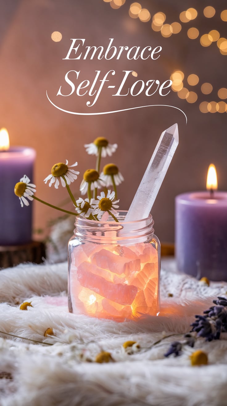 Inner peace self love jar A close-up of a self-love jar filled with glowing pink Himalayan salt and topped with chamomile flowers and a vertical selenite wand. The jar sits on a fluffy white fabric, with purple candles and lavender in the background. The text "Embrace Self-Love" appears in graceful script, adding to the image's soothing, meditative energy.