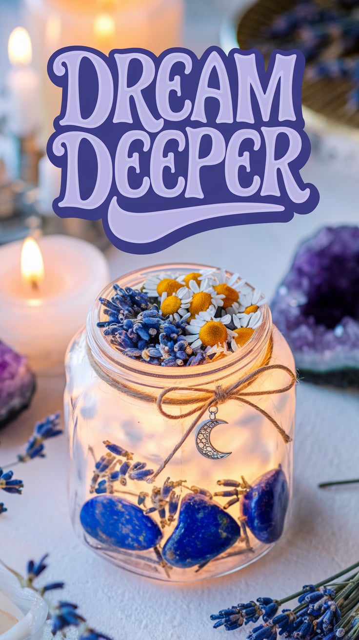 Lapis lazuli and herbal magic A glowing jar filled with vibrant lapis lazuli stones, aromatic lavender buds, and calming chamomile blooms exudes mystical energy. The jar is tied with a twine bow holding a crescent moon charm, symbolizing intuition and connection. โDream Deeperโ is written in playful, girly fonts, inviting creativity and spiritual exploration. The jar is surrounded by flickering candles, lavender sprigs, and amethyst clusters, making it perfect for sleep spells, lucid dreaming witchcraft, and witchcraft spells for beginners. Keywords: Lapis lazuli and herbal magic, dream spell, easy spells.