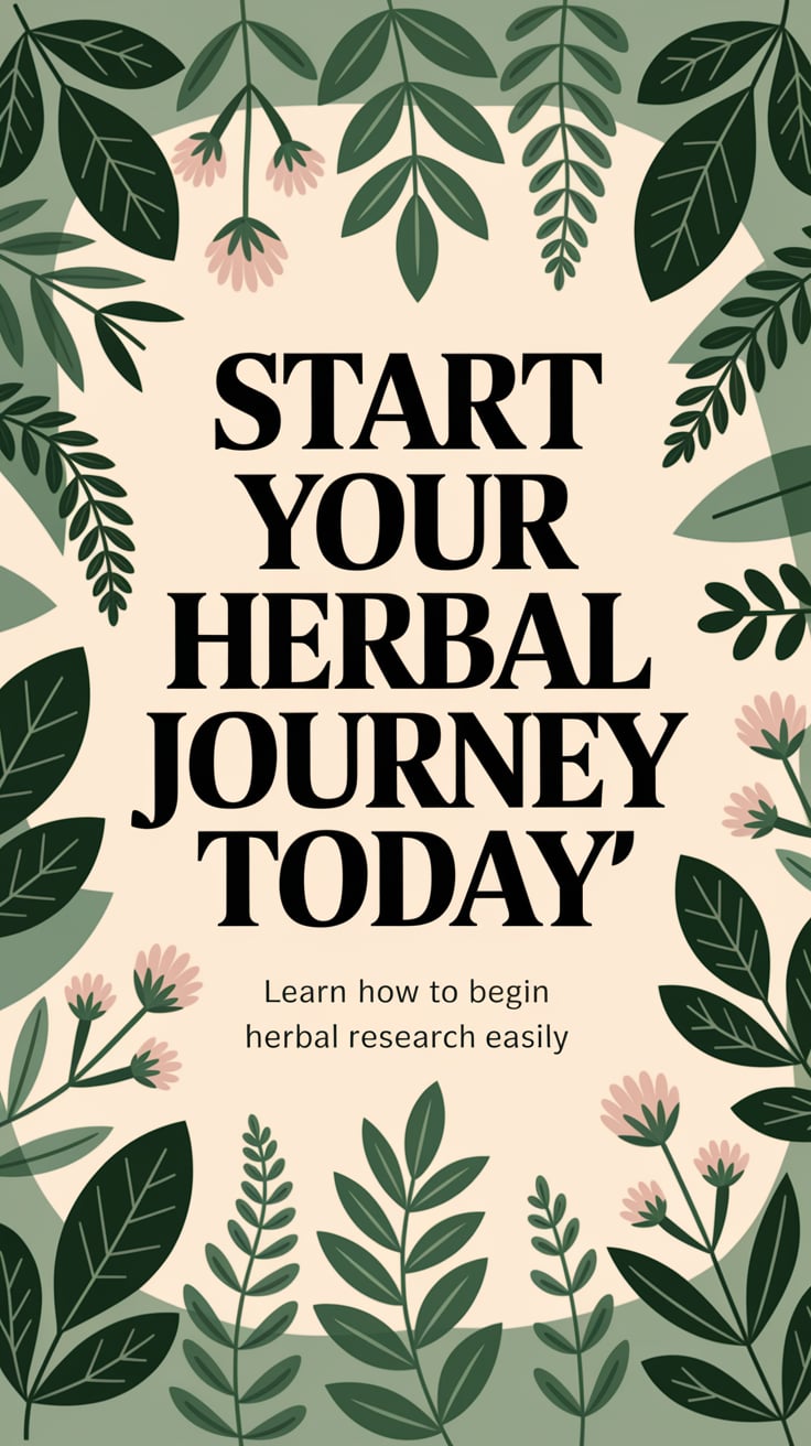 Learn how to begin herbal research easily ‘Start Your Herbal Journey Today’ — bold serif font, big centered text, soft green background, gentle herbs and leaves, with a warm glow; bottom caption: ‘Learn how to begin herbal research easily’