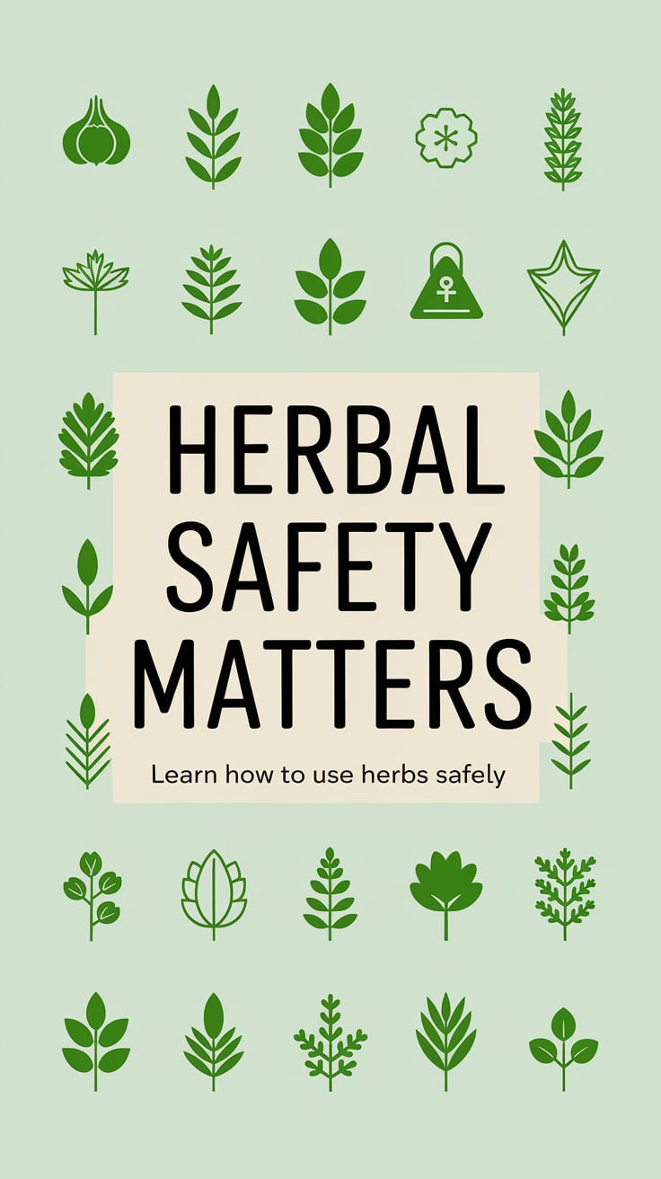 Learn how to use herbs safely ‘Herbal Safety Matters’ — straightforward sans serif, centered, pastel green, herbs and safety icons, soft natural light; bottom caption: ‘Learn how to use herbs safely’