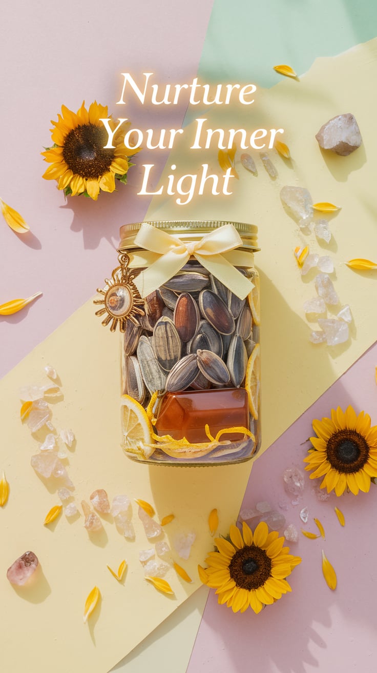 Lemon zest spell jar for growth A whimsical flat-lay of a Self-Improvement Jar filled with sunflower seeds, lemon zest, and a carnelian crystal. The jar sits on a pastel backdrop, surrounded by scattered sunflower petals and crystals. A cheerful yellow ribbon and a sun charm add to the vibrant theme. The text reads: "Nurture Your Inner Light" in radiant lettering.
