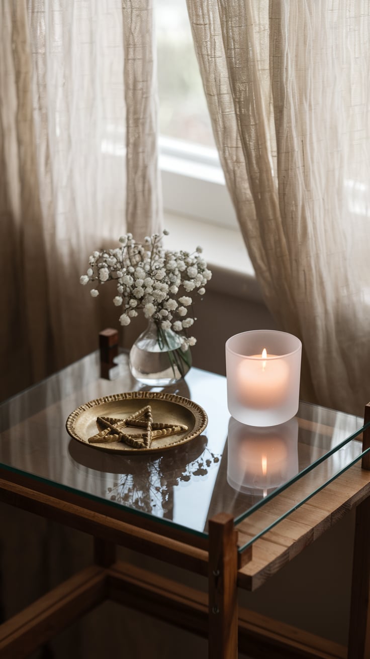 A rectangular glass altar resting on a wooden frame, holding a gold pentagram plate, a frosted candle holder emitting a warm glow, and a delicate vase filled with baby’s breath flowers. The background showcases light filtering through sheer curtains, reflecting softly on the polished surface of the glass.