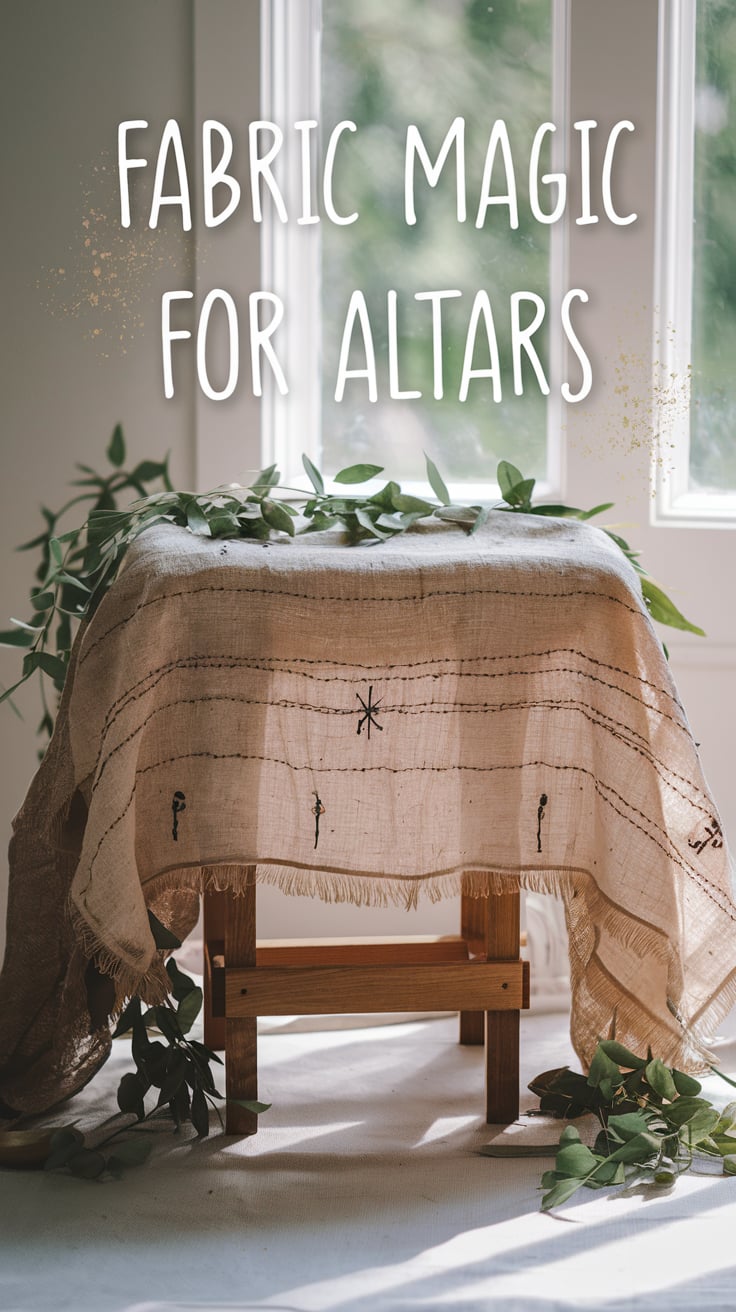 A charming altar draped with beige linen embroidered with subtle, nature-inspired designs. The fabric cascades gracefully over a wooden table, complemented by sprigs of greenery that enhance its organic feel. Sunlight streams through a nearby window, casting soft shadows that create a peaceful and sacred atmosphere. Simple, bold text at the top reads, “Fabric Magic for Altars,” surrounded by faint golden sparkles.