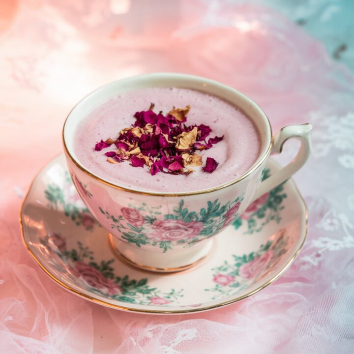 Love potion recipe A beautiful pink self-love potion served in a vintage floral teacup, topped with dried rose petals, sitting on a delicate pastel background.
