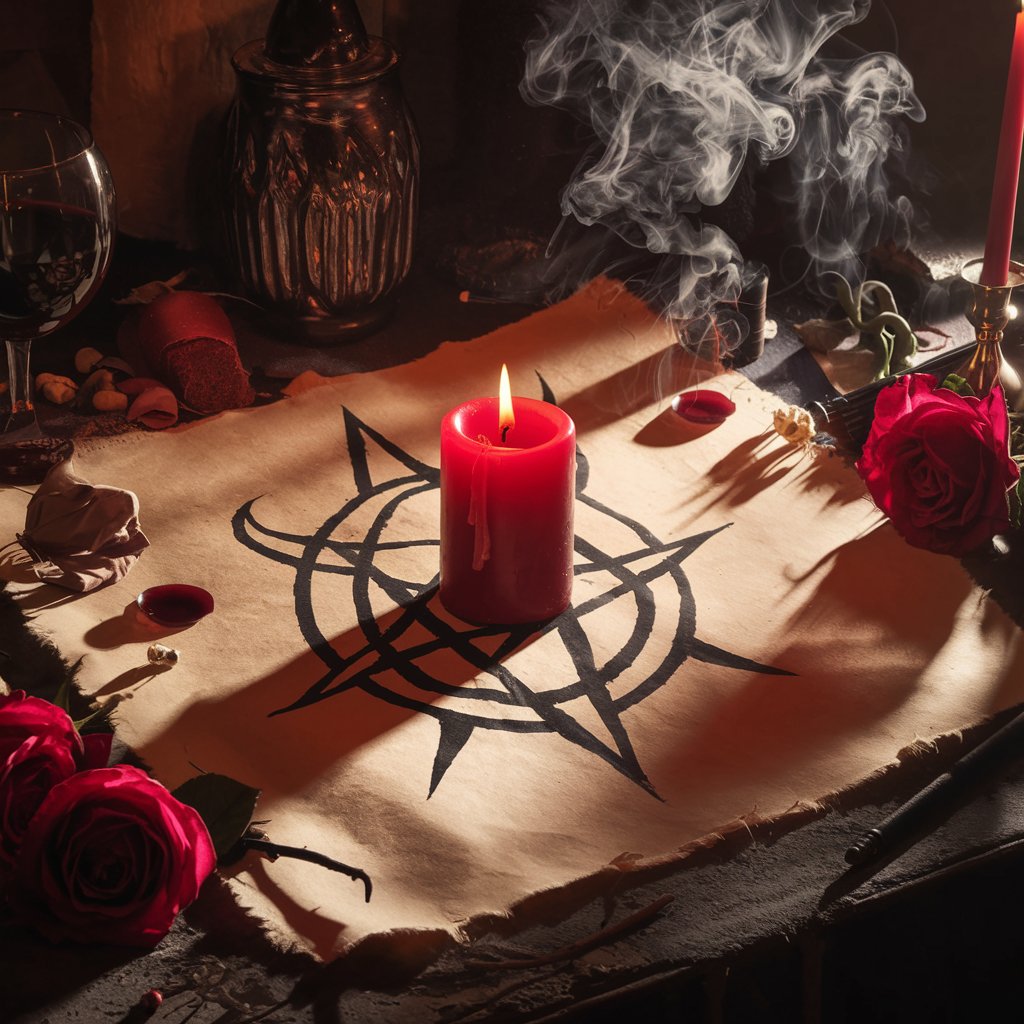 A red candle burns brightly on parchment marked with a bold sigil. The ritual altar is decorated with roses, candle wax, and shadowy lighting, enhancing the mystical and occult theme.