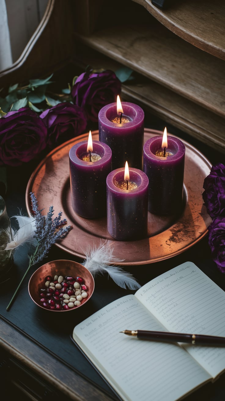Lucifer Altar Ideas 9 A serene and intimate setting, featuring four purple candles with lit flames, placed on a copper tray. Adjacent to the candles are deep purple roses and a sprig of lavender. On the left, there's a glass jar containing what appears to be dried herbs. In the foreground, there's a wooden surface on which a notebook with lined pages and a pen rests. The overall ambiance of the image is warm, inviting, and evokes a sense of calm and introspection.