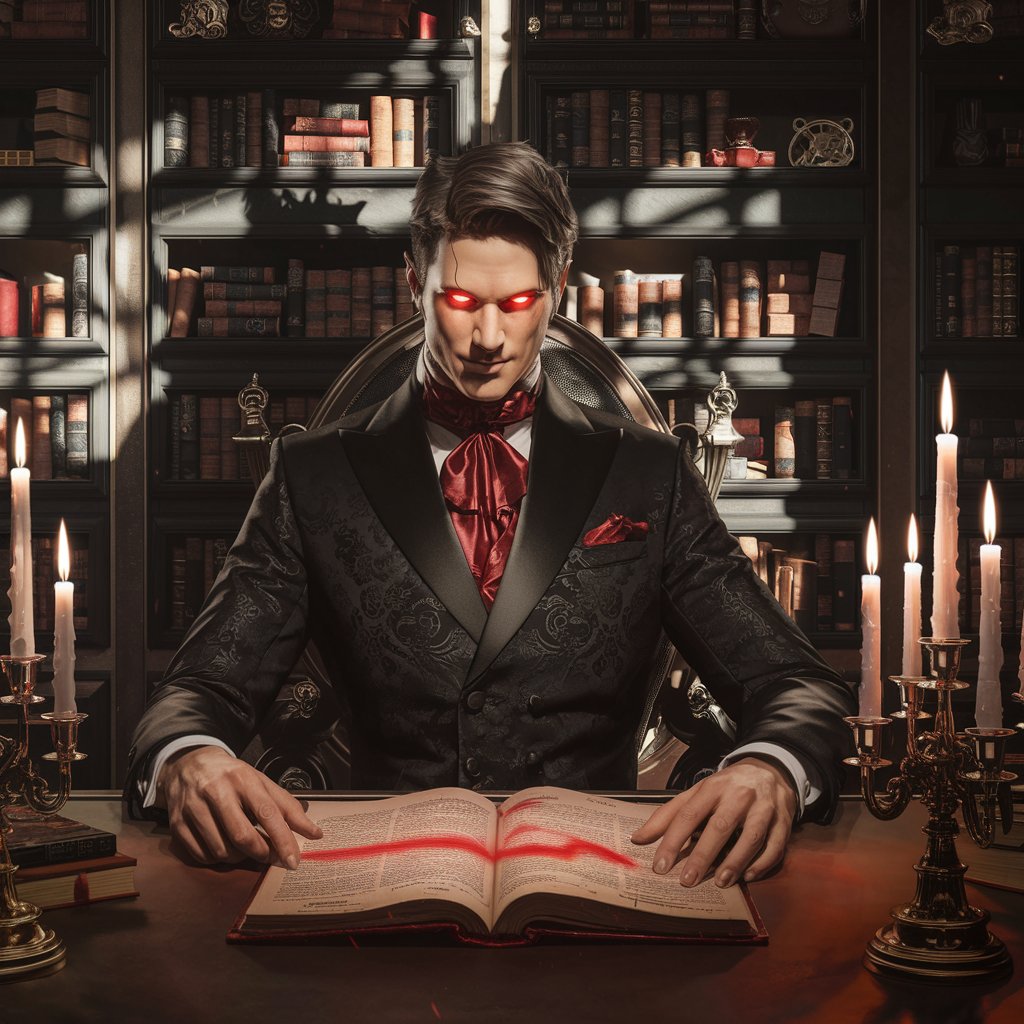 Lucifer as a Symbol of Personal Empowerment A sharply dressed figure with glowing red eyes sits in a high-backed chair, surrounded by shelves of books and tall candelabras. An open book emits a faint red light, emphasizing themes of enlightenment, self-empowerment, and the pursuit of knowledge.