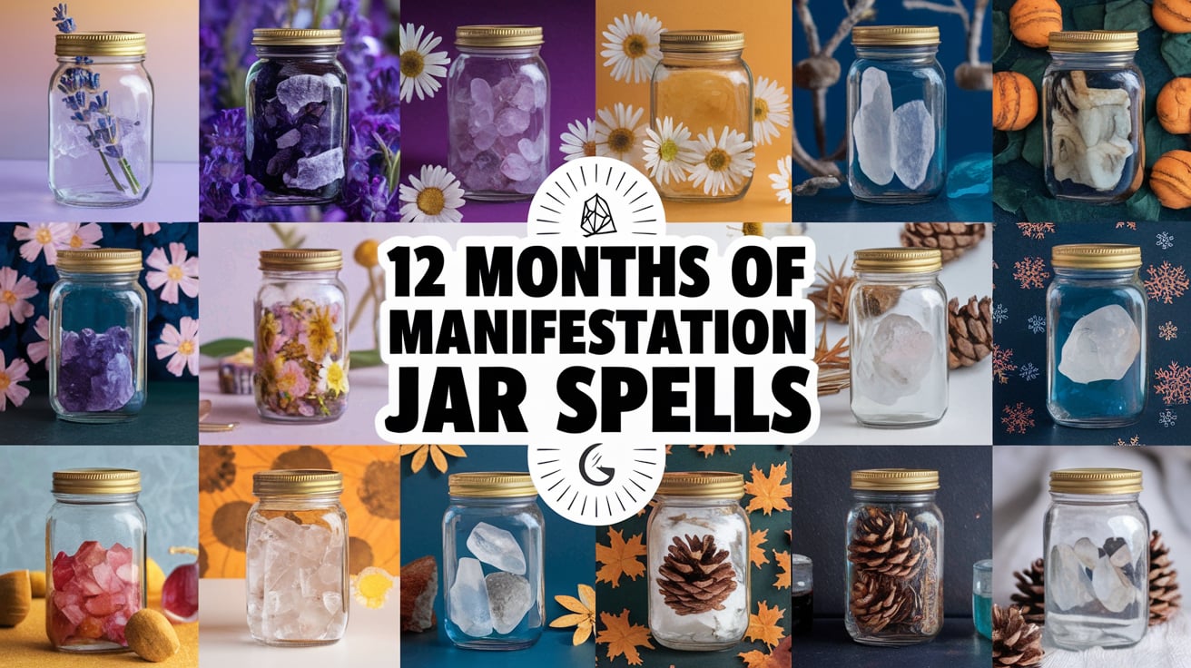 A collage of 12 jars, each themed for a specific month with contents like lavender, quartz crystals, daisies, and pinecones. Bold text in the center reads "12 Months of Manifestation Jar Spells," tying together the seasonal and magical themes.