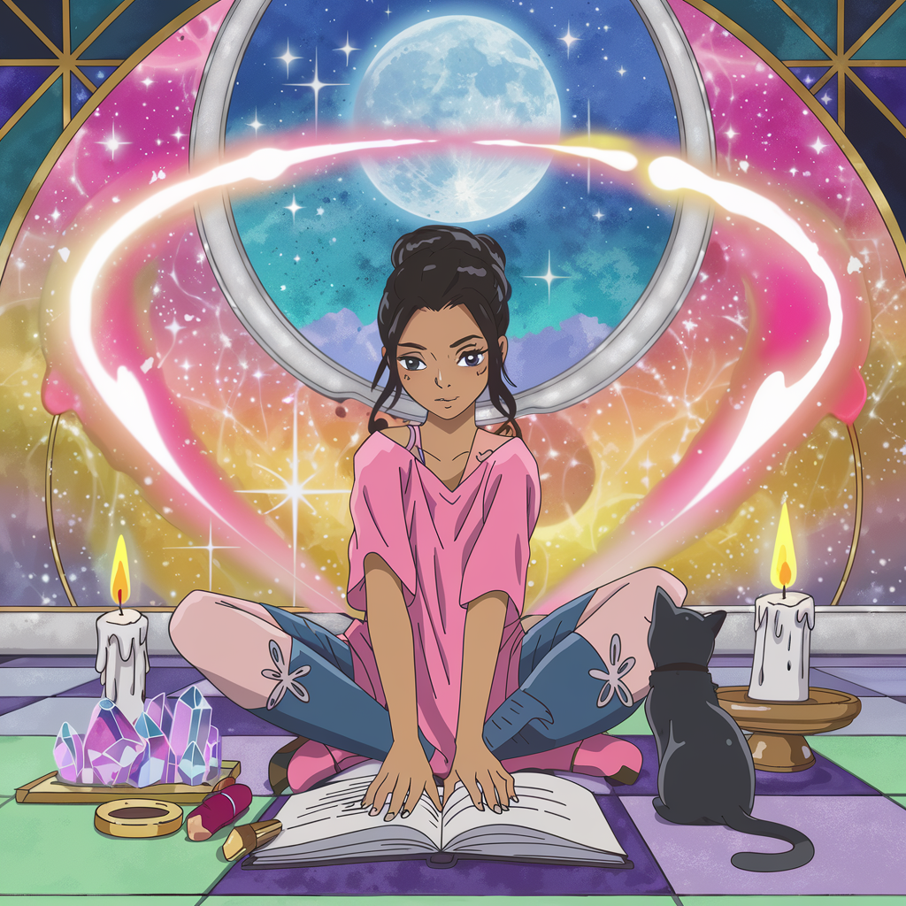 Main character energy spell A witch sitting on a colorful floor, surrounded by lit candles, crystals, and a grimoire, with glowing energy swirls radiating around her. She gazes confidently ahead, embodying main character energy under a shimmering full moon