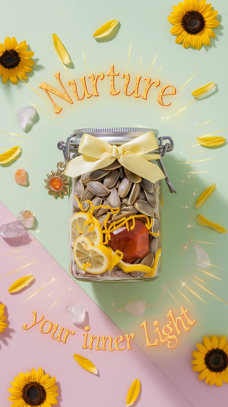 Manifestation jar for positivity and growth A minimalistic horizontal image of a Self-Improvement Jar placed on a bright windowsill. The jar contains sunflower seeds, lemon zest, and a carnelian crystal. Bright sunlight illuminates the scene, with sunflower petals and lemon slices scattered around. The text above states: "Unlock Your Potential."