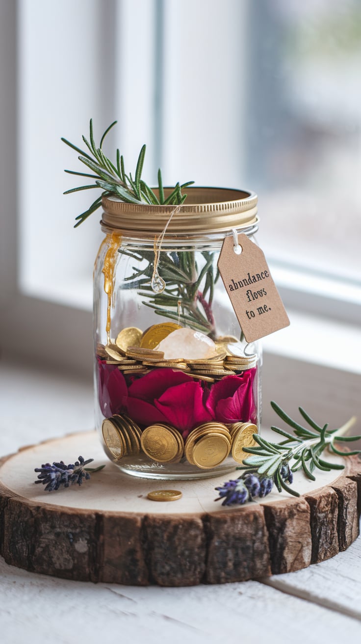 A minimalistic manifestation jar set against a bright window. The jar contains layers of red rose petals, gold coins, and a sparkling crystal at the center. Gold wax decorates the lid, adding a touch of elegance. Sprigs of fresh rosemary rest against the jar, while a lavender sprig and loose coin lie on the wooden surface below. The tag attached to the jar reads, “Abundance flows to me.”