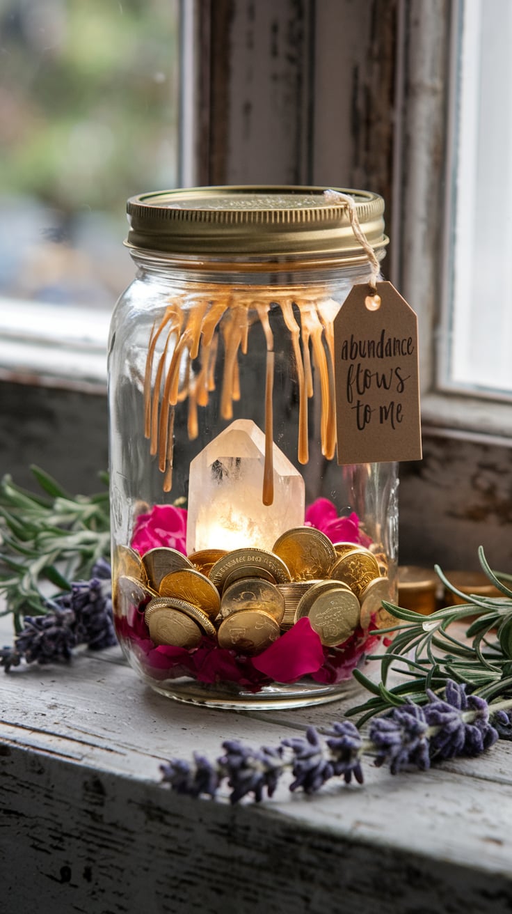 A manifestation jar with a golden metal lid, featuring elegant gold wax dripping down its sides. Inside the jar, rose petals, golden coins, and a radiant crystal create a harmonious and vibrant composition. The tag attached to the jar reads “Abundance flows to me” in delicate handwriting. Surrounding the jar are sprigs of lavender and rosemary on a rustic windowsill with a natural light glow.