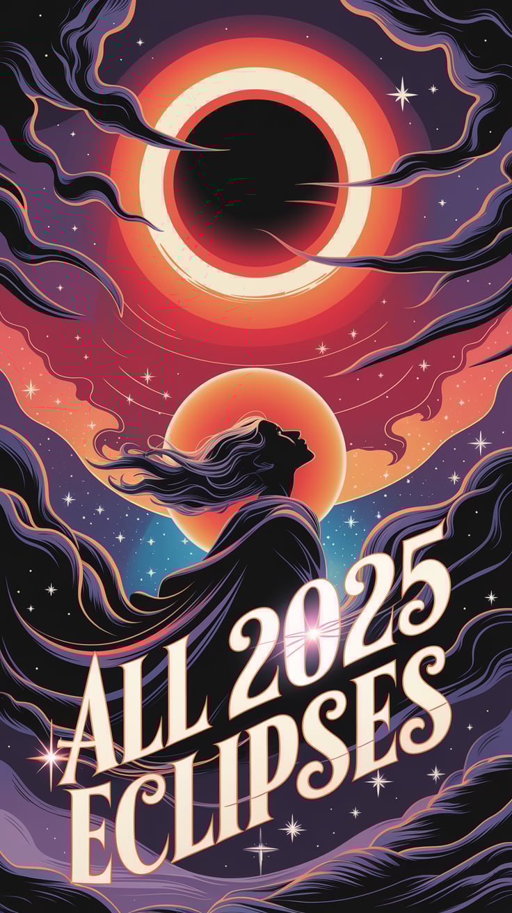 An ethereal image featuring a glowing full moon during a lunar eclipse, with dramatic clouds and cosmic elements surrounding it. A figure gazes upward with a serene expression, emphasizing the awe and wonder of lunar eclipse observation.