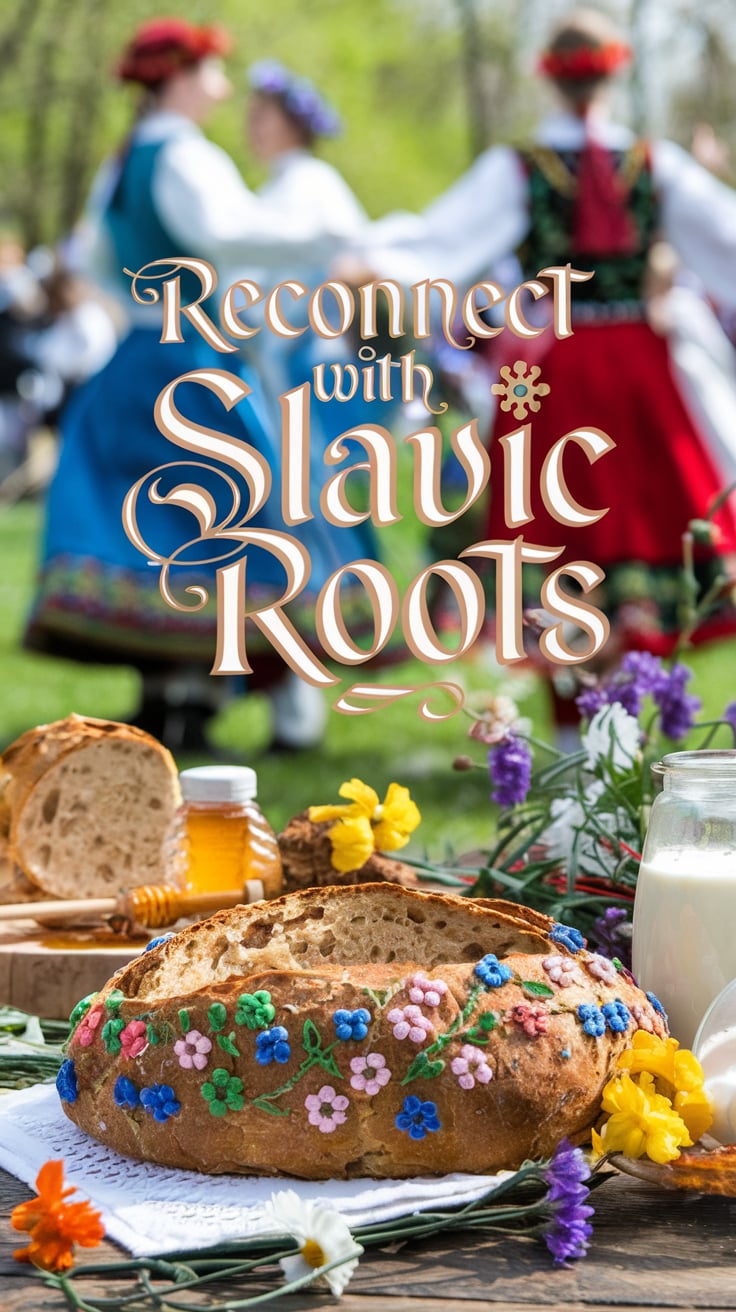 Mat Zemlya altar outdoors nature A vibrant loaf of bread decorated with hand-painted flowers in shades of blue, pink, and green sits on a lace cloth on a wooden table. Around the bread are jars of honey, wildflowers, and a glass of milk, embodying themes of abundance and nourishment. In the background, figures in traditional Slavic costumes are blurred, engaged in a lively folk dance. The text "Reconnect with Slavic Roots" appears in warm tones, complemented by floral motifs.