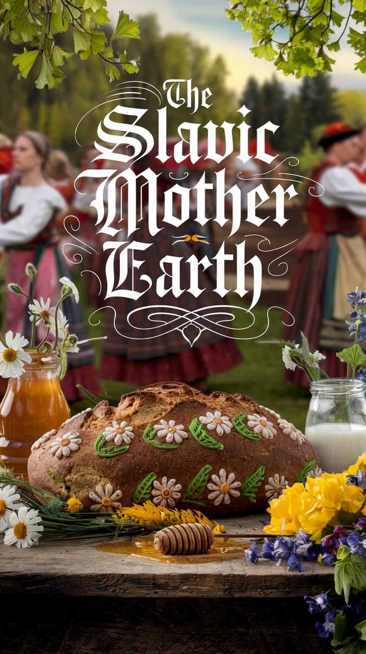 Mat Zemlya inspired seasonal offerings A richly decorated loaf of Slavic bread, adorned with intricate patterns of white daisies and green leaves, sits on a rustic wooden table. Surrounding the bread are symbols of abundance: a glass jar of golden honey, a small pitcher of milk, and clusters of bright yellow and purple wildflowers. In the background, people dressed in traditional Slavic attire perform folk dances in a lush green meadow, with leafy branches framing the upper corners of the scene. The text "The Slavic Mother Earth" appears prominently in ornate, traditional typography.
