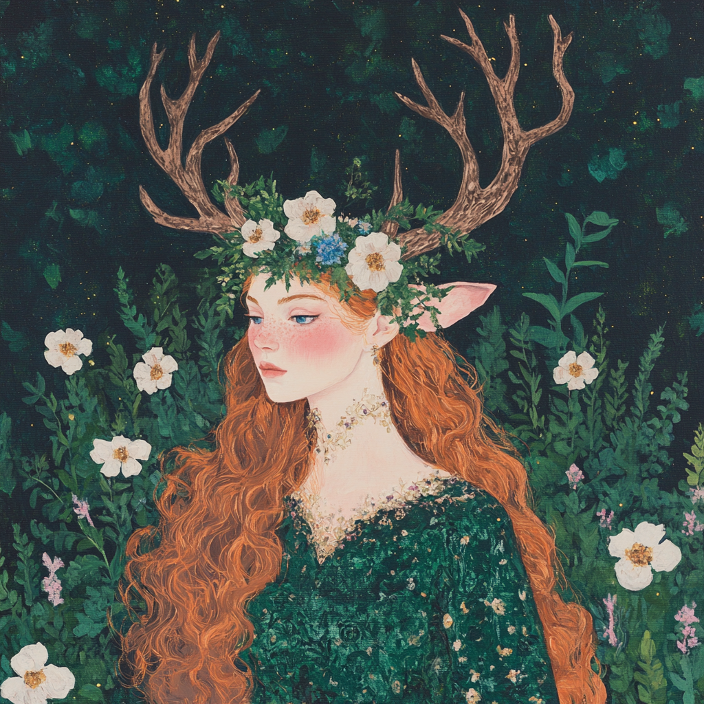 A red-haired woman adorned with antlers and flowers stands in a lush forest. Her tranquil demeanor highlights Artemis's guardianship of both women and nature.