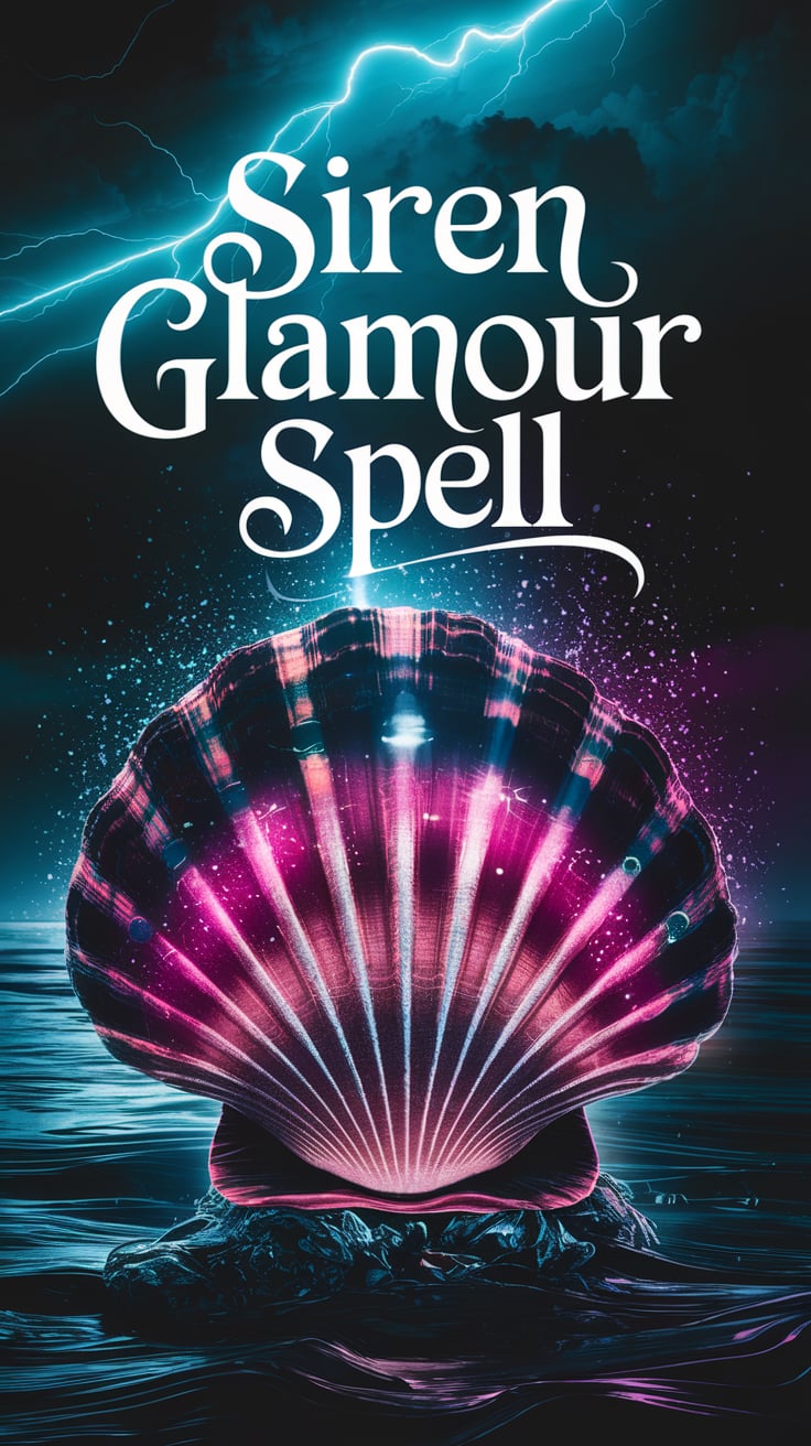 A radiant pink and purple seashell resting on a dark ocean surface, glowing against a backdrop of electric blue storm clouds and lightning, embodying the powerful energy of siren magic.