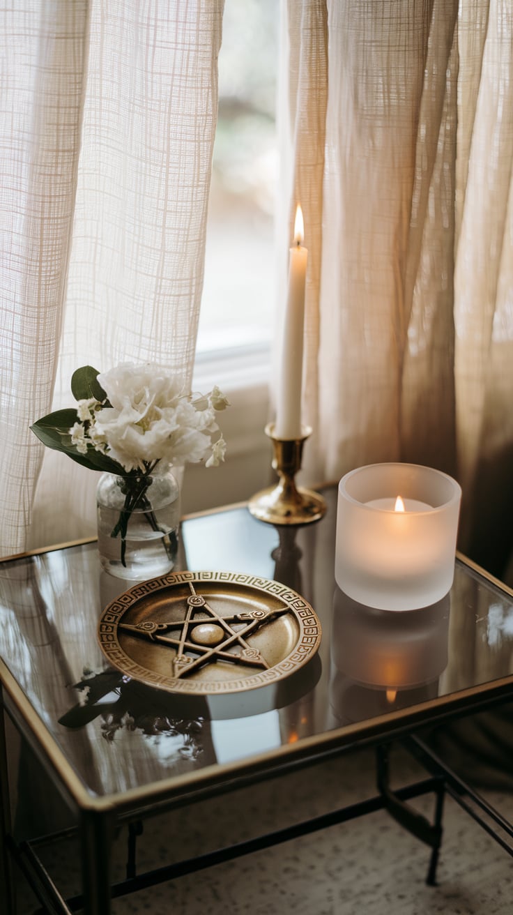 A gold-trimmed glass altar table, elegantly supporting a bronze pentagram plate, a lit taper candle in a brass holder, and a vase with fresh white flowers. The backdrop features beige, semi-sheer curtains, softly diffusing sunlight to create a serene and sacred mood.