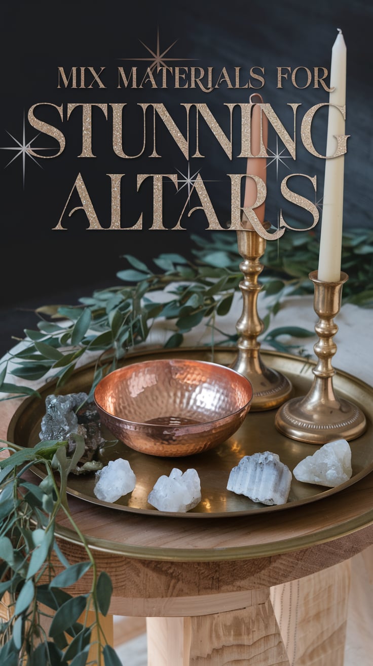 A striking altar setup featuring a polished wooden table topped with a gleaming brass tray. The tray holds a hammered copper bowl, white crystals, and silver accents, creating a harmonious blend of textures. Two brass candlesticks flank the arrangement, casting a warm, elegant glow. Greenery surrounds the altar, adding a natural touch, with the text “Mix Materials for Stunning Altars” in bold, shimmering lettering above.