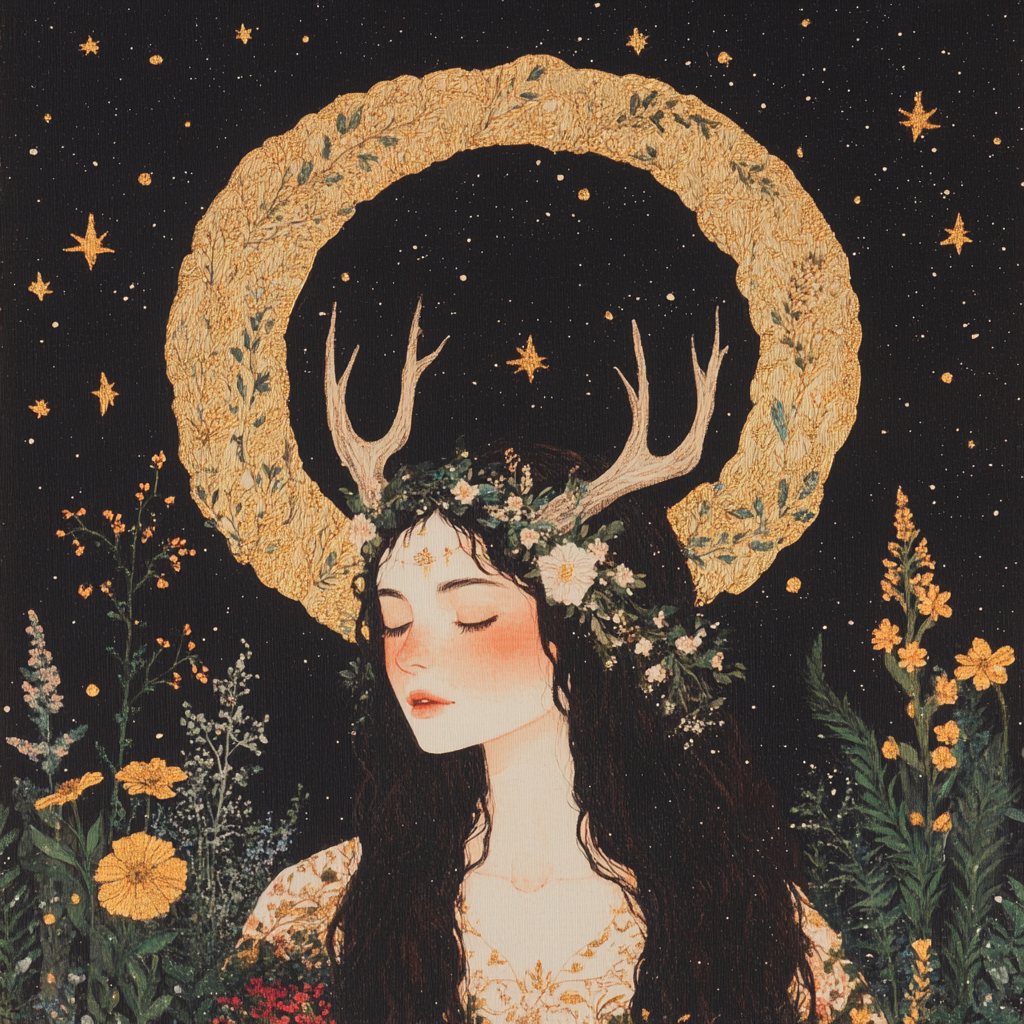A mystical portrayal of a woman adorned with antlers and a floral crown, surrounded by a golden halo and wildflowers. This image embodies Artemis as the goddess of animals and untamed nature.