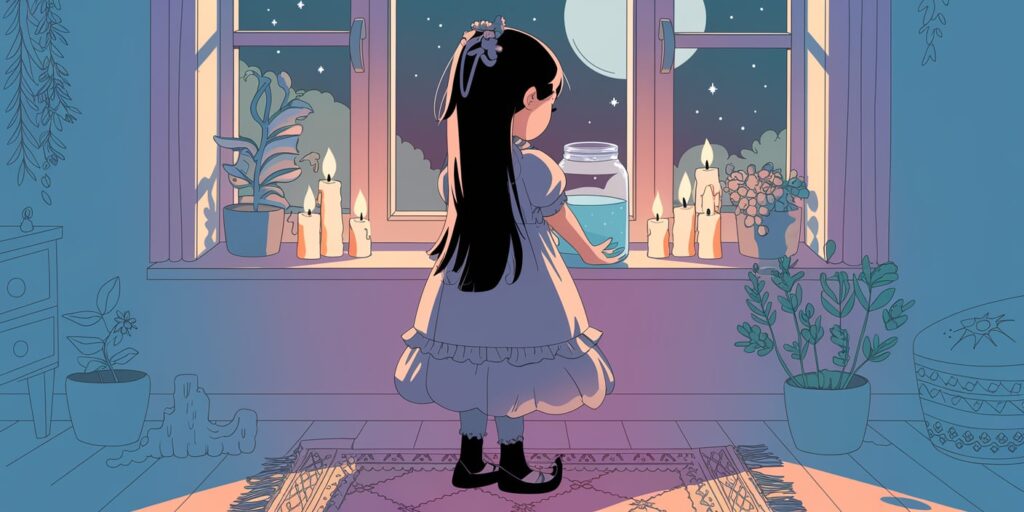Moon water rituals A whimsical nighttime scene with a girl in a flowy dress and boots, standing at a windowsill surrounded by glowing candles. She holds a jar of water, ready to harness the moon's energy. The room is decorated with plants, soft rugs, and magical symbols, evoking a sense of wonder and ritual.