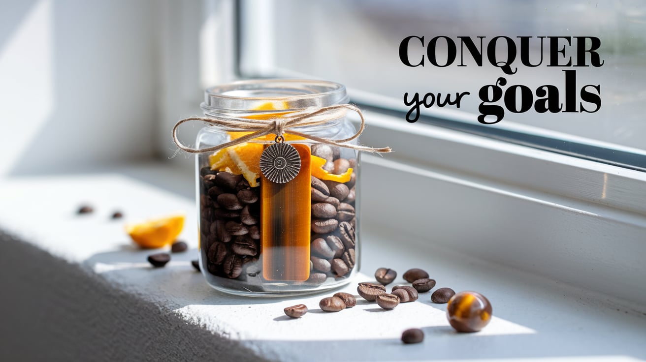 A Motivation Jar sits on a sunny windowsill, filled with rich brown coffee beans, vibrant orange zest, and a tiger’s eye crystal centerpiece. A twine bow ties the jar, adorned with a sun-shaped charm. Scattered coffee beans and a slice of orange complete the energized scene. The text "Conquer Your Goals" is displayed in bold black font on the right.