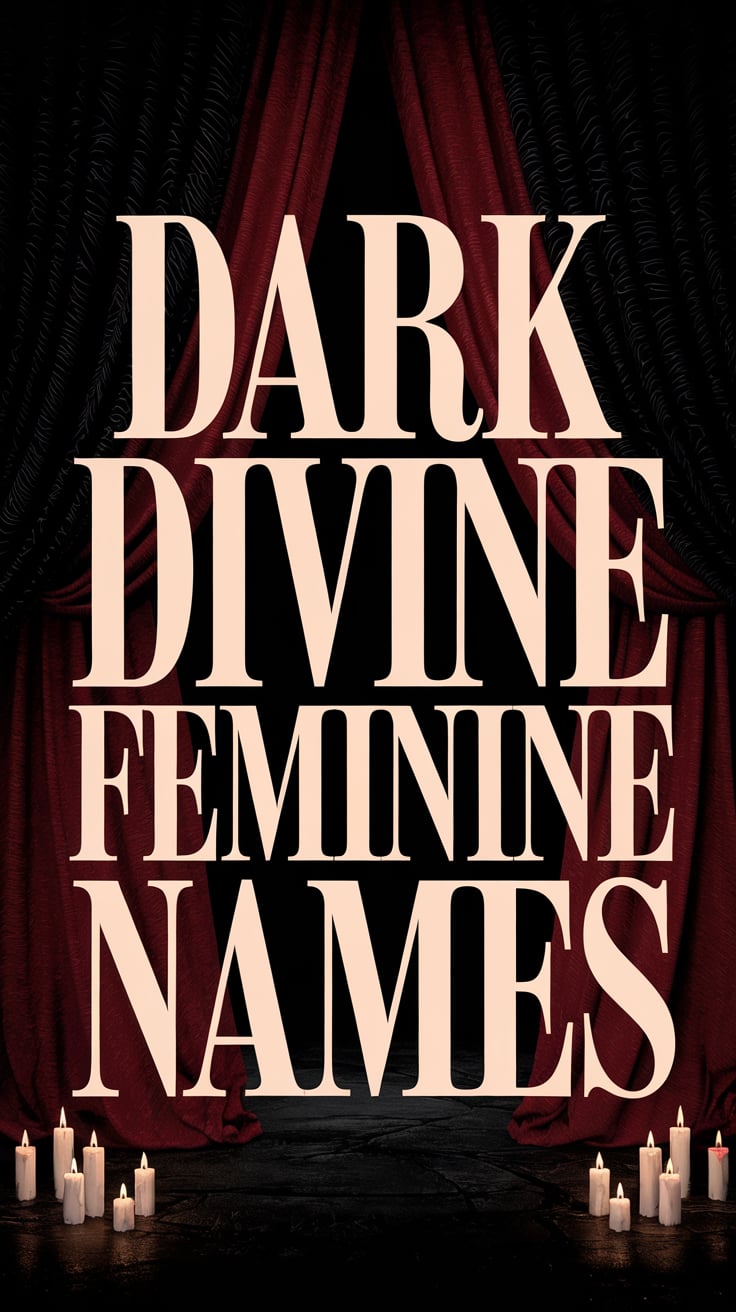 Elegant gothic text 'Dark Divine Feminine Names' over a deep red curtain backdrop with candles, emphasizing dramatic and mysterious allure.