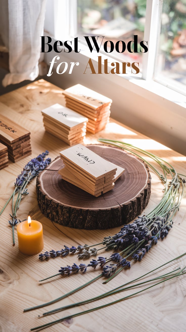 A sunlit wooden table showcasing stacks of small wooden samples neatly labeled with handwritten tags such as "oak" and "walnut." A polished round slab of wood acts as a centerpiece, flanked by sprigs of lavender and a single glowing candle, with natural light streaming through a nearby window, highlighting the serene atmosphere.