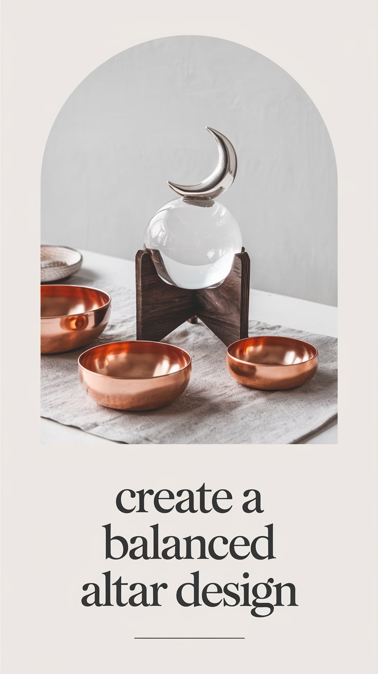 Natural stones and crystals for altars A modern altar arrangement with a central glass sphere resting on a dark wooden stand. Copper bowls flank the centerpiece on either side, all placed atop a neutral linen cloth. The simple yet refined design is framed by an arched background, with the text, “Create a balanced altar design,” in a sophisticated serif font.
