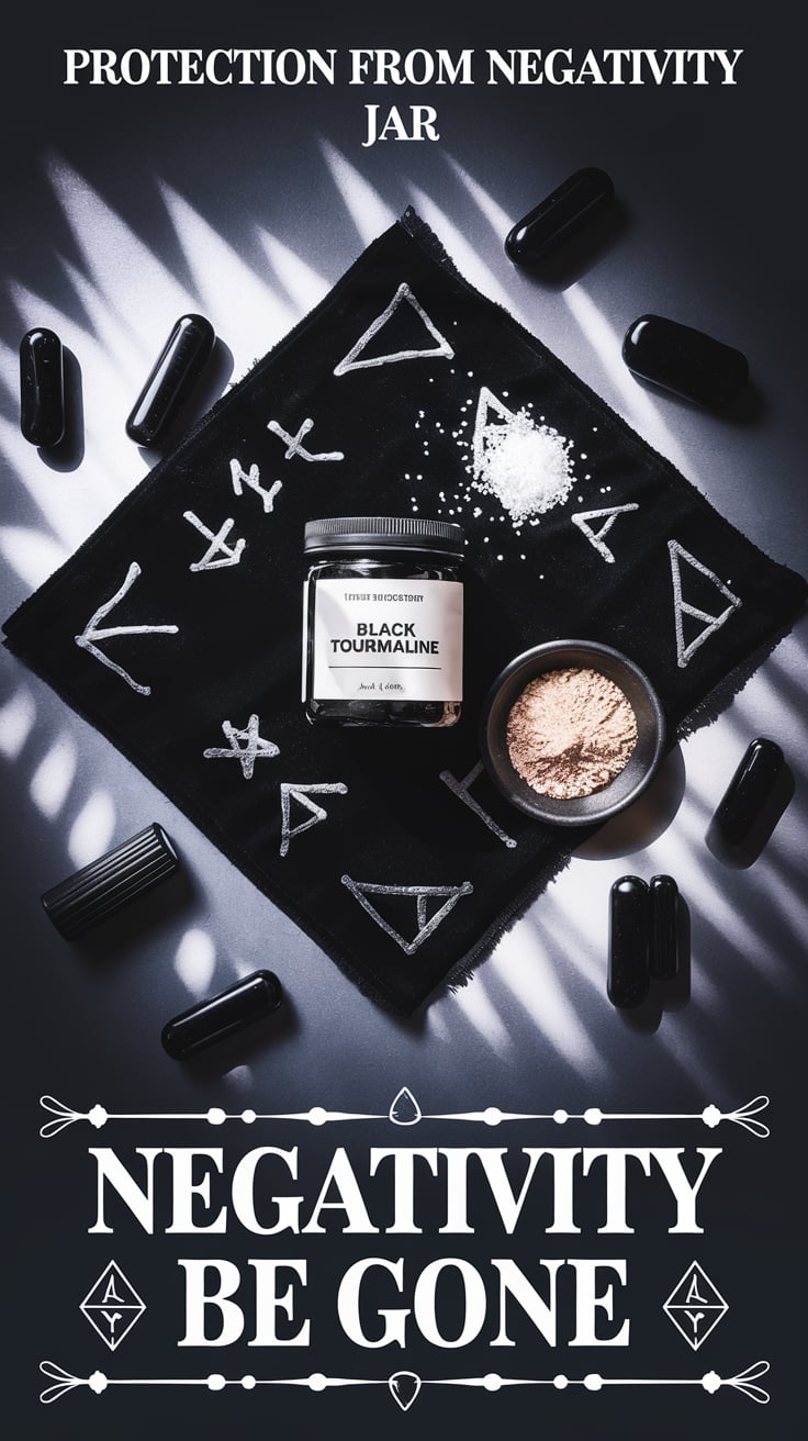 A jar labeled "Black Tourmaline" is staged with bowls of black salt and garlic powder on a rune-covered black cloth. Black tourmaline stones are scattered across the surface, and dramatic lighting enhances the protective, mystical mood. The text "Negativity Be Gone" appears below in an ornate frame with geometric accents.