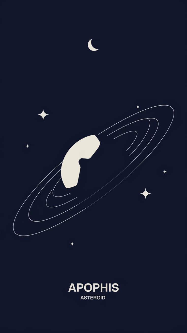 New Moon in Aries and asteroid Apophis connection Illustration showing the asteroid Apophis orbiting in a stylized cosmic scene, accompanied by the crescent moon and scattered stars, symbolizing its connection to celestial events like the New Moon.